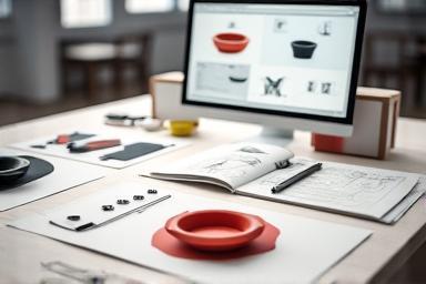 Product design sketches and prototypes for new kitchenware
